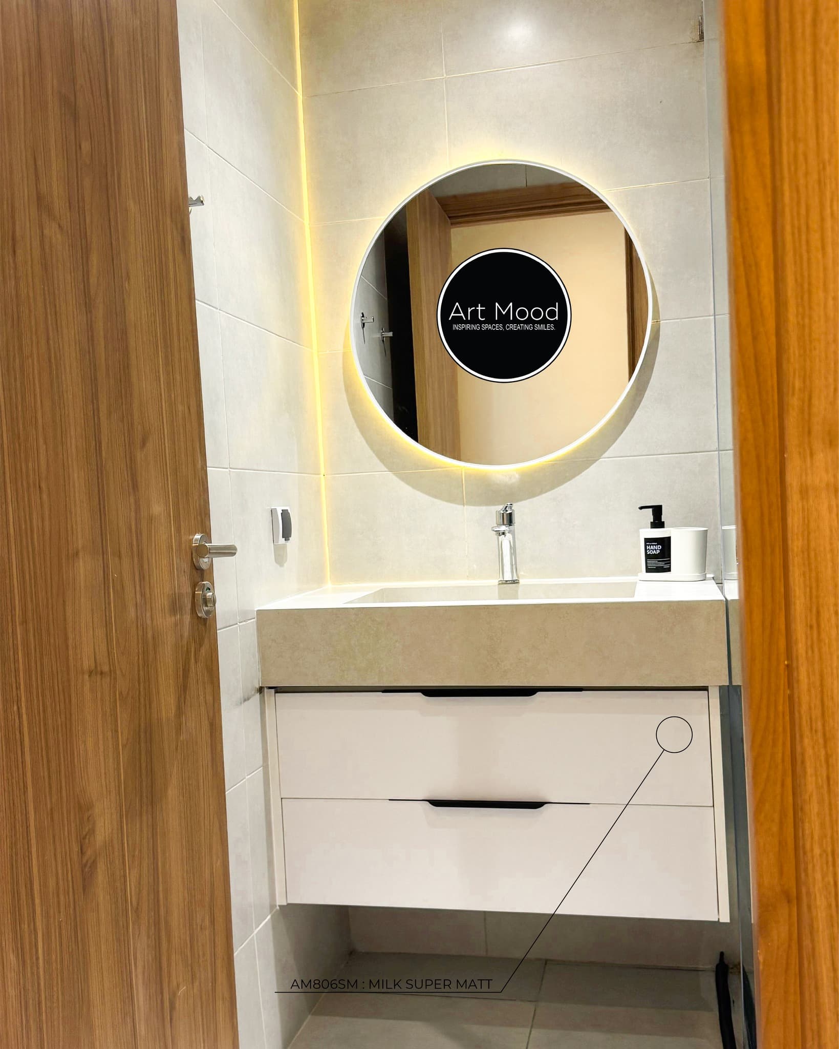 Meuble salle de bain blanc miroir rond — ArtMood Tanger